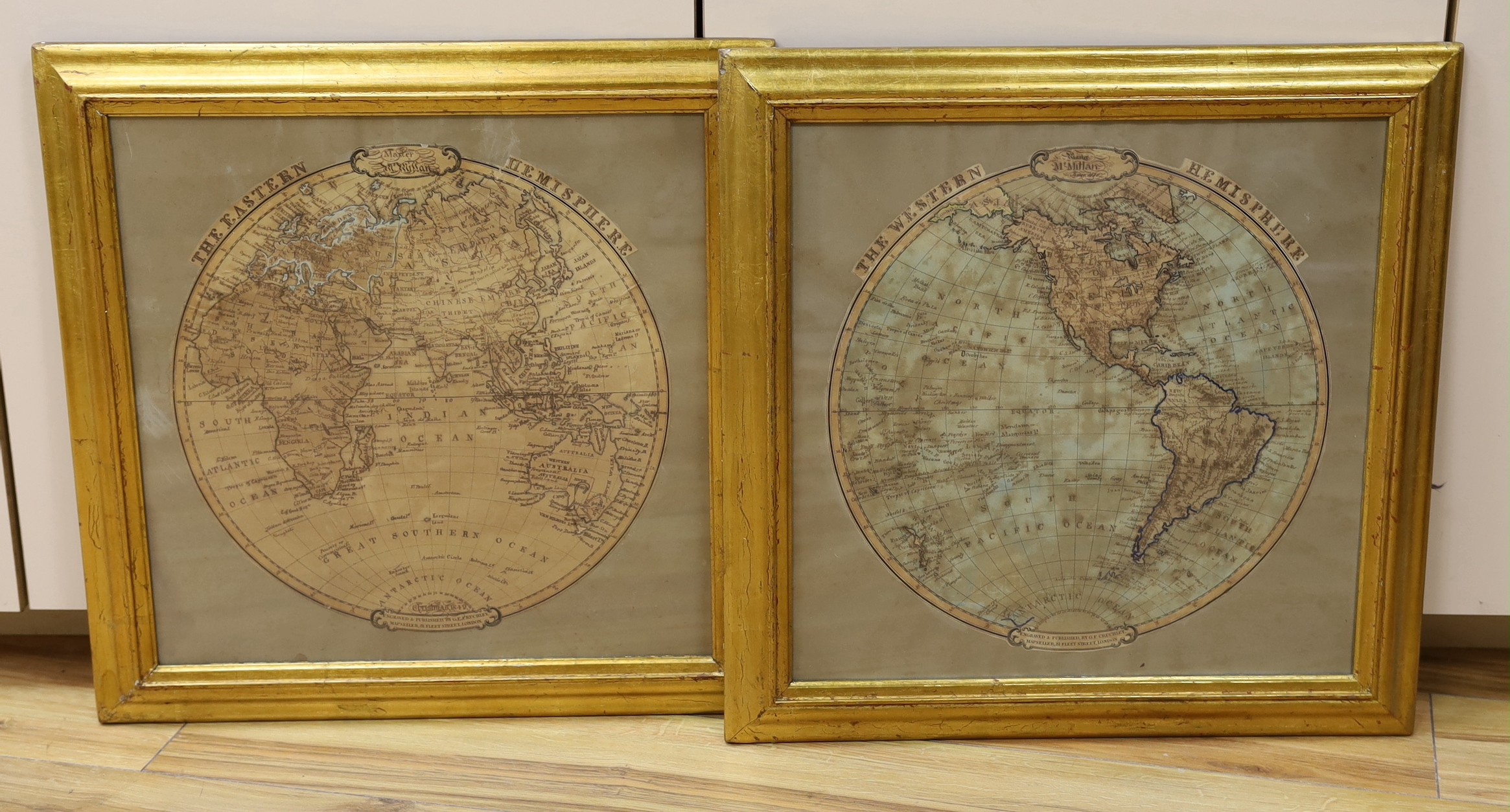 Master McMitlan 1850, pair of engraved maps of the Eastern and Western Hemisphere, published by Cruchley, and hand annotated by McMitlan, ships master, tondo, 36cm